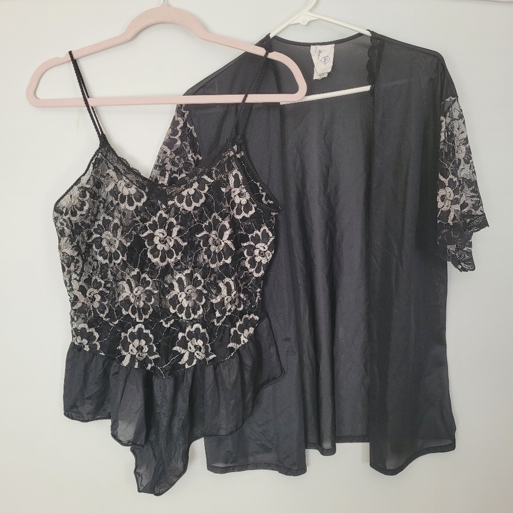 VTG Undercover Wear Teddy L Matching Robe Black Size M Silver Floral Lace Femini